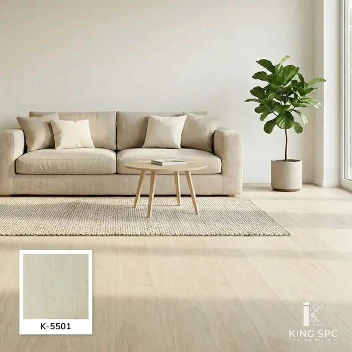 กระเบื้องยาง SPC สีโอ๊คขาว Nordic White Oak (5601) แต่งห้องสไตล์มินิมอลให้ดูกว้าง