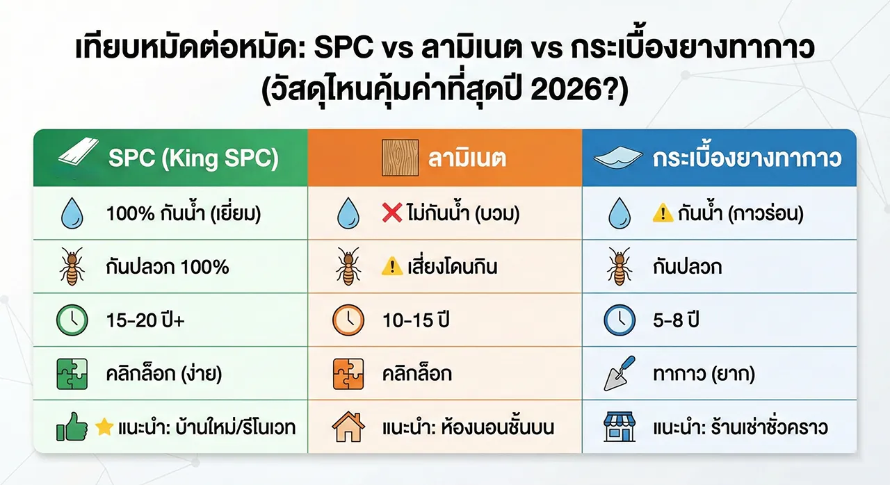 ตารางอินโฟกราฟิกเปรียบเทียบคุณสมบัติ การกันน้ำ กันปลวก และอายุการใช้งานของพื้น SPC, ลามิเนต และกระเบื้องยางทากาว ปี 2026
