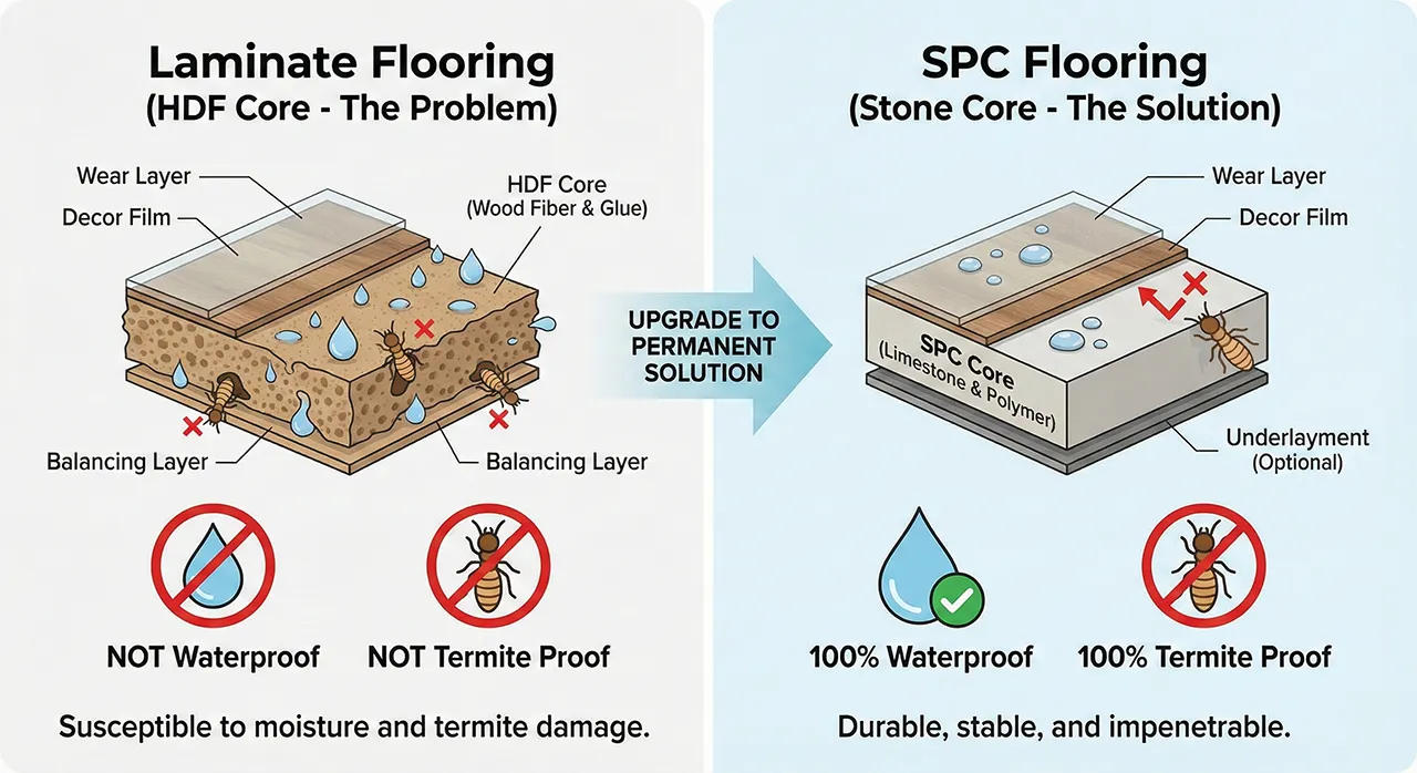 แผนภาพเปรียบเทียบโครงสร้างพื้นลามิเนต HDF ที่บวมน้ำและปลวกกิน กับพื้น King SPC แกนหินปูนที่กันน้ำและกันปลวก 100%
