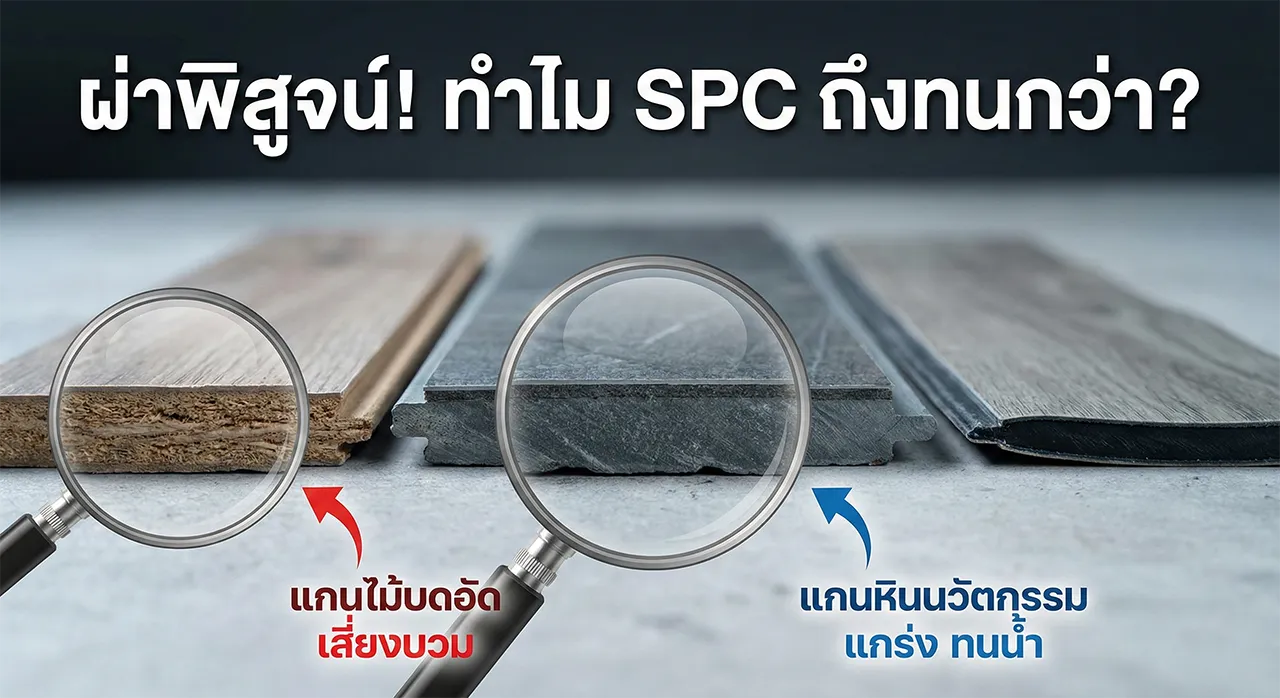 ภาพตัดขวางแสดงโครงสร้างแกนหินนวัตกรรมของพื้น SPC King SPC เทียบกับแกนไม้บดอัดของพื้นลามิเนต และแผ่นไวนิลบาง แสดงให้เห็นความแข็งแกร่งและการกันน้ำ